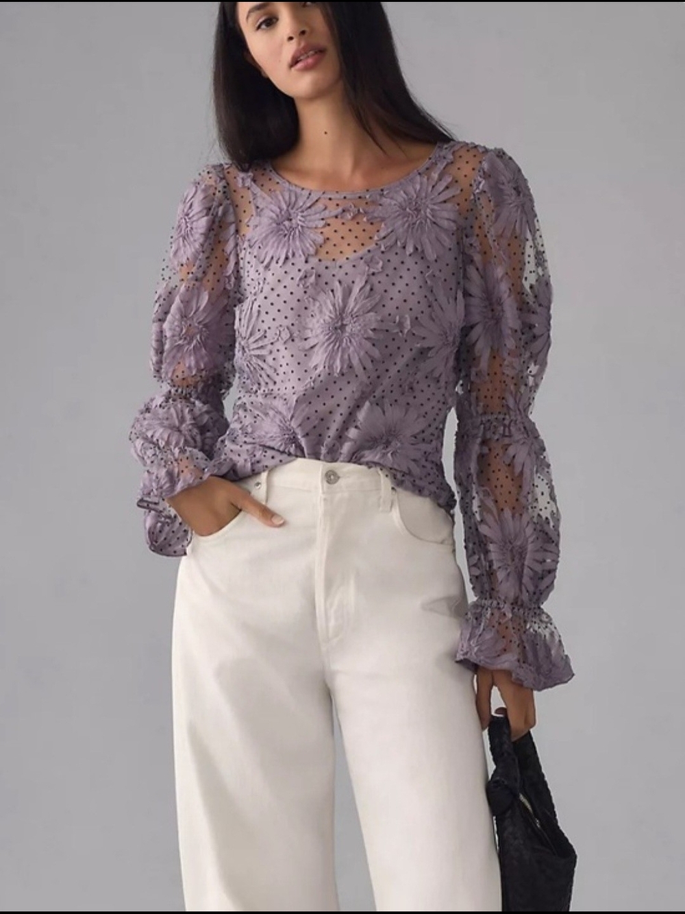 Eva Franco Lavender Floral Appliqué Puff-Sleeve Blouse